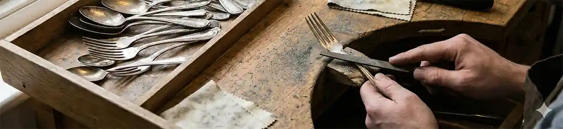 Vintage silver plate flatware and jewelry on a workbench with a jeweler's loupe, saw, and files.