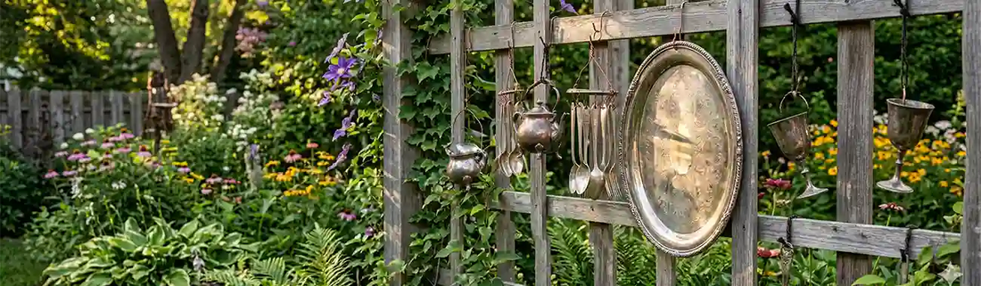 Vintage silver-plated trays hanging from a garden trellis to create vertical interest.