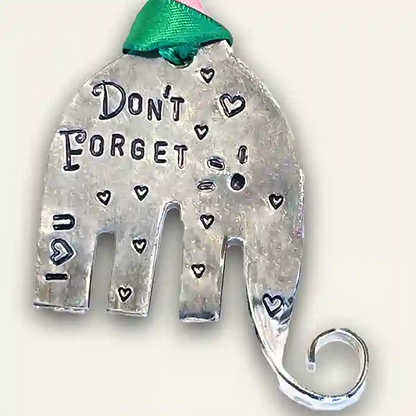 Don't Forget - I Love You elephant ornament made from large silver-plate serving fork