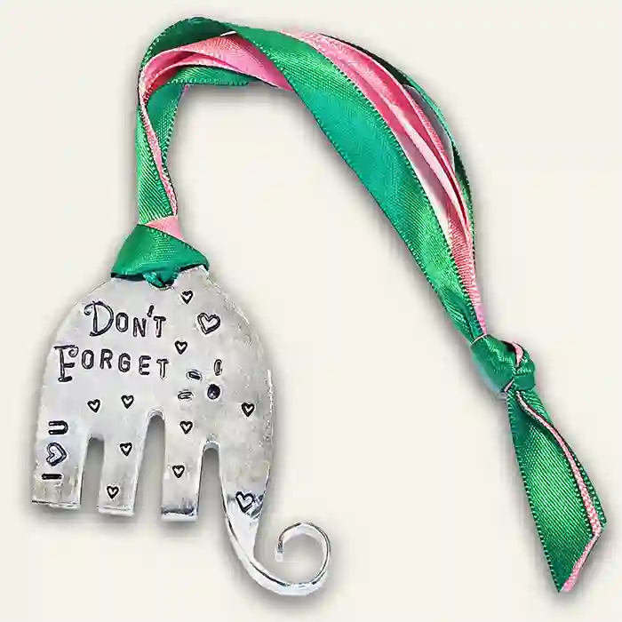 Don't Forget - I Love You elephant ornament made from large silver-plate serving fork full image