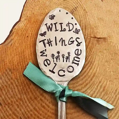 Wild Things Welcome vintage spoon herb marker on wood background