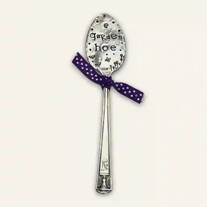 Garden Hoe flattened silver-plate spoon garden marker full image