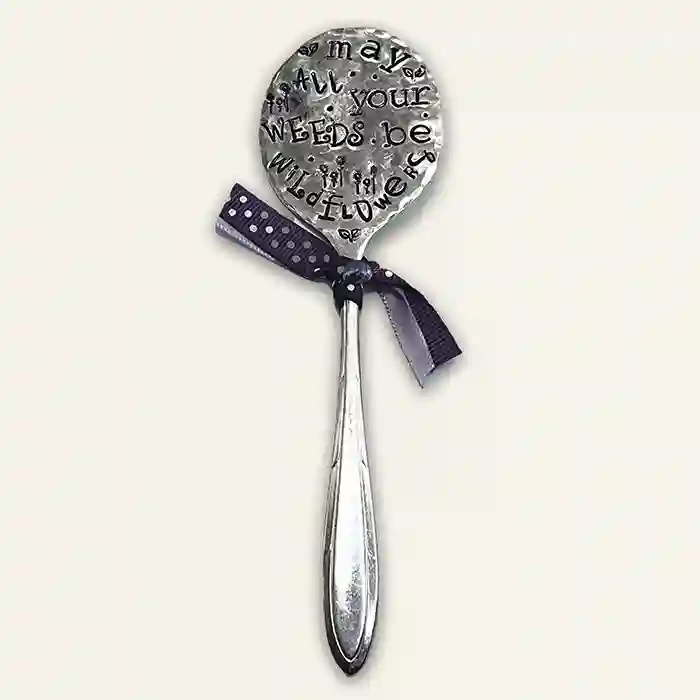 May all your weeds be wildflowers vintage soup silver-plate garden marker full image