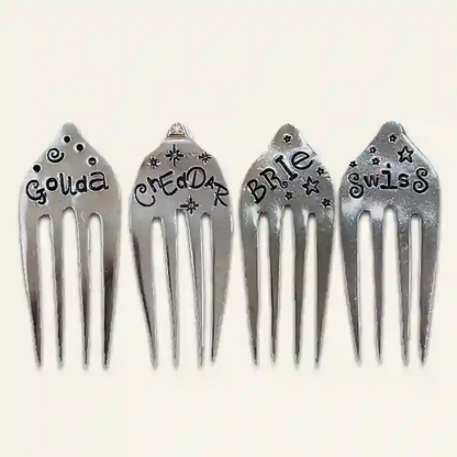 Gouda, cheddar, brie, and swiss silverware fork cheese markers