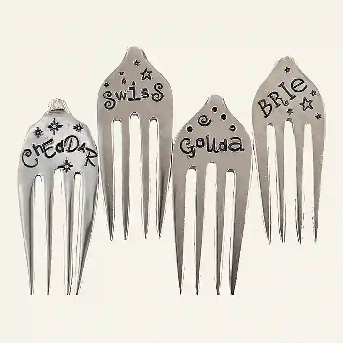 Gouda, cheddar, brie, and swiss silverware fork cheese marker set of 4
