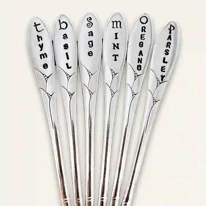 Thyme, Basil, Sage, Mint, Oregano, Parsley vintage silver-plate silverware herb markers