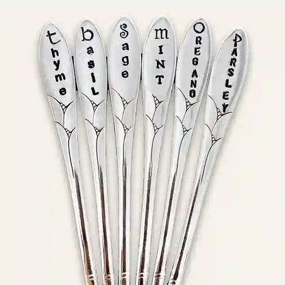Thyme, Basil, Sage, Mint, Oregano, Parsley vintage silver-plate silverware herb markers