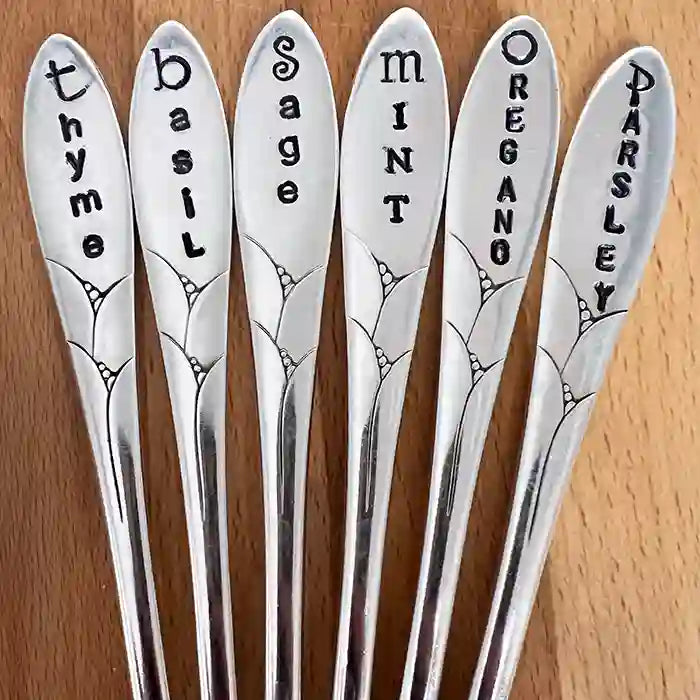 Thyme, Basil, Sage, Mint, Oregano, Parsley vintage silver-plate silverware herb markers on wood