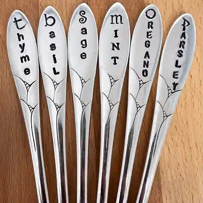 Thyme, Basil, Sage, Mint, Oregano, Parsley vintage silver-plate silverware herb markers on wood