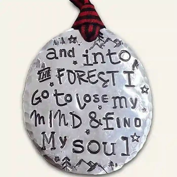 And Into The Forest I Go To Lose My Mind & Find My Soul vintage silver-plate round spoon ornament close up