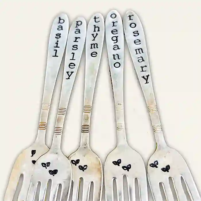 Basil, Parsley, Thyme, Oregano, and Rosemary herb markers from vintage silver-plate forks