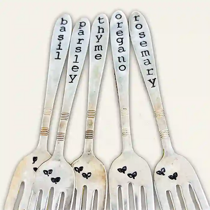 Basil, Parsley, Thyme, Oregano, and Rosemary herb markers from vintage silver-plate forks