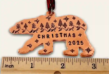 Christmas 2025 copper bear holiday ornament measures 3 inches long