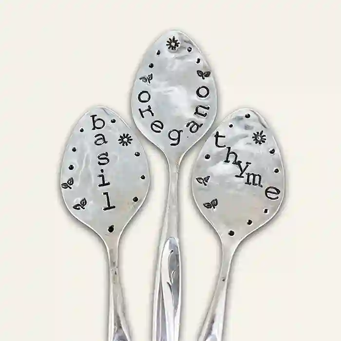 Vintage silver-plate flattened spoon herb marker set of 3 Basil, Oregano, and Thyme