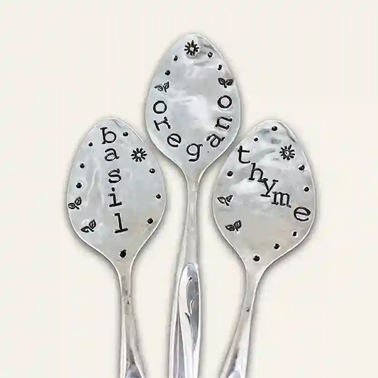 Vintage silver-plate flattened spoon herb marker set of 3 Basil, Oregano, and Thyme