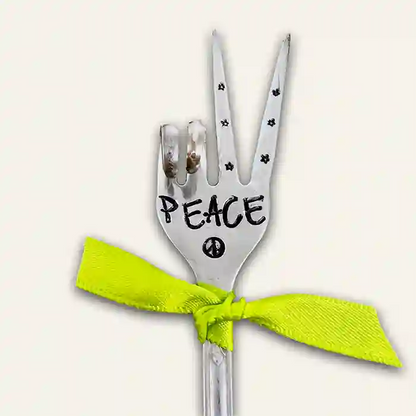 PEACE fork (two-finger peace sign) with yellow ribbon made from vintage silver-plate flatware