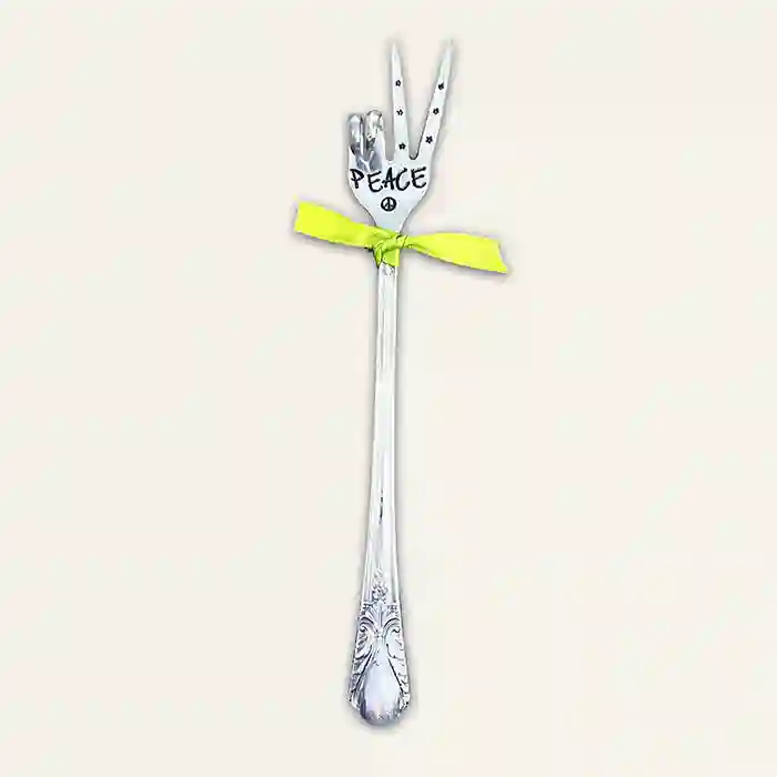 PEACE fork (two-finger peace sign) with yellow ribbon made from vintage silver-plate flatware full image