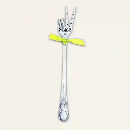 PEACE fork (two-finger peace sign) with yellow ribbon made from vintage silver-plate flatware full image