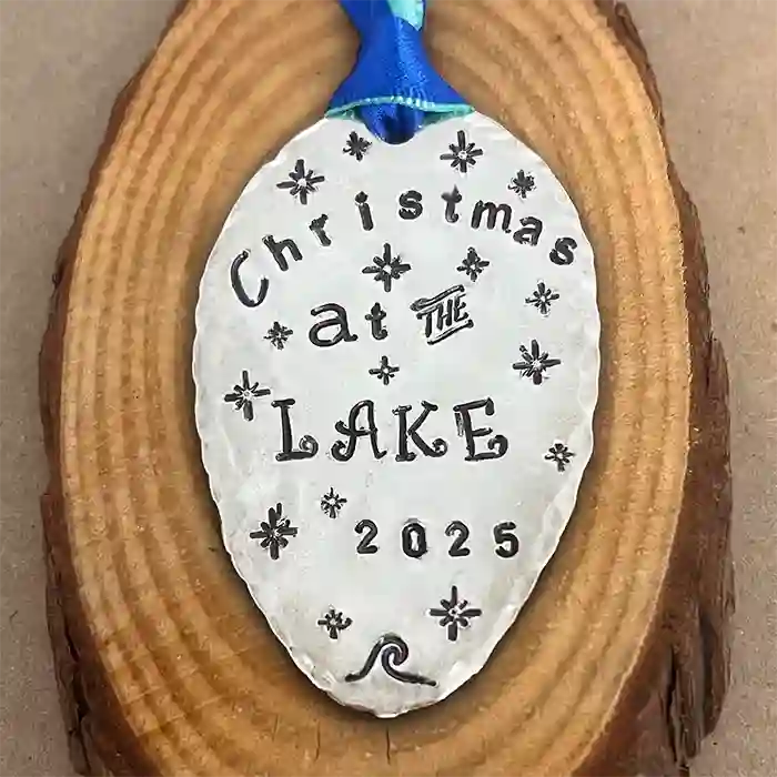 Christmas At The Lake 2025 vintage silver-plate silverware spoon ornament on wood