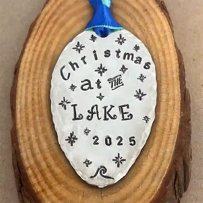 Christmas At The Lake 2025 vintage silver-plate silverware spoon ornament on wood