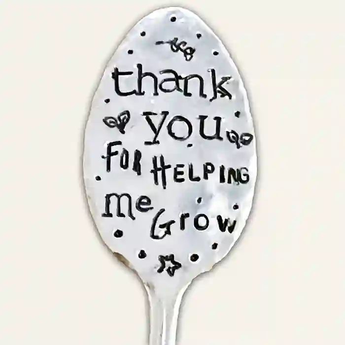 Thank You For Helping Me Grow silver-plate vintage spoon garden marker