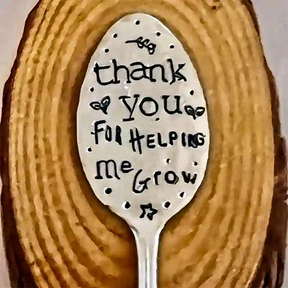 Thank You For Helping Me Grow silver-plate vintage spoon garden marker on wood