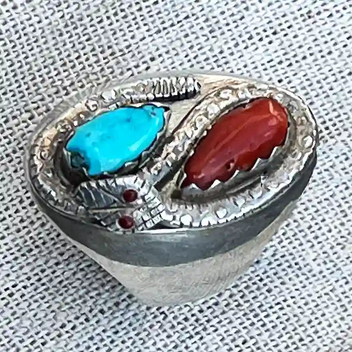 Sterling Silver snake ring with imbedded red coral and blue turquoise stones