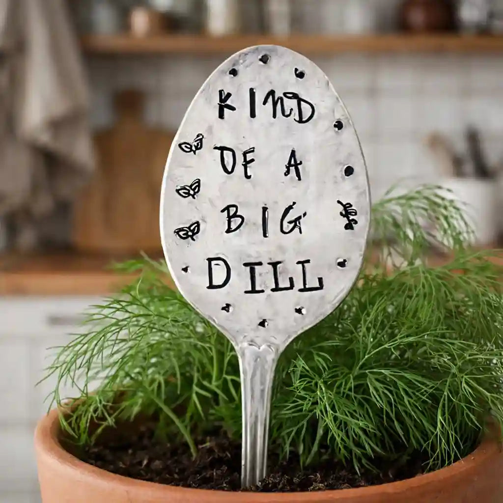 Decorative spoon with 'Kind of a Big Dill' text in a pot of plants.