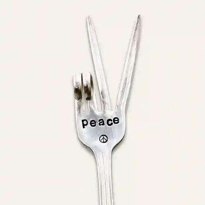 PEACE fork garden marker made from vintage silver-plate silverware , two-finger peace sign