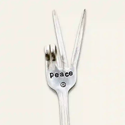 PEACE fork garden marker made from vintage silver-plate silverware , two-finger peace sign
