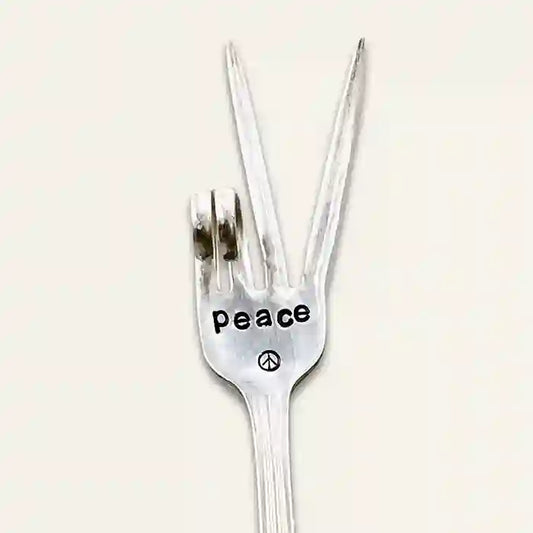 PEACE fork garden marker made from vintage silver-plate silverware , two-finger peace sign