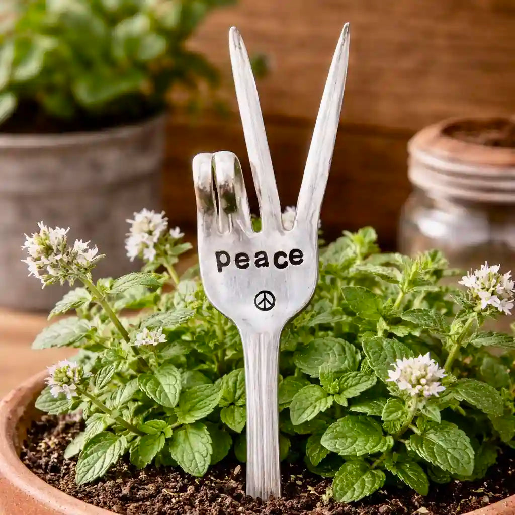 Silver fork with 'peace' engraved, standing in a pot of plants