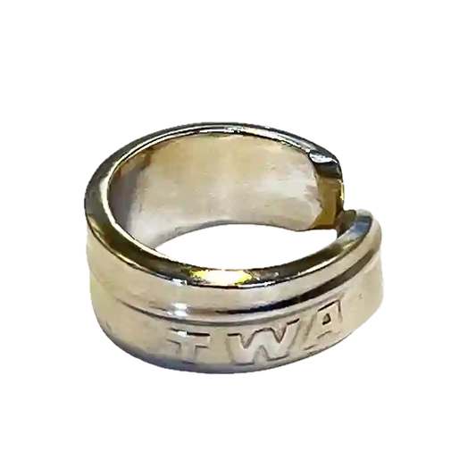 TWA reclaimed vintage silver plate spoon ring angled detail view