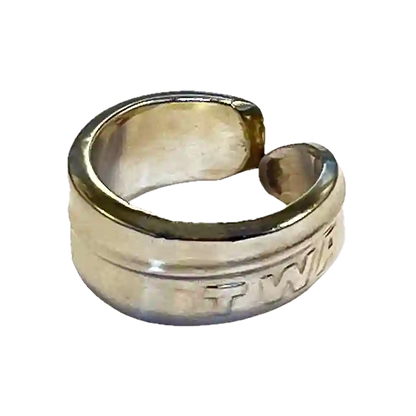 TWA reclaimed vintage silver plate spoon ring close-up of stamped pattern