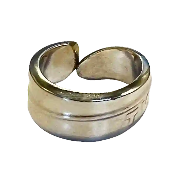 TWA reclaimed vintage silver plate spoon ring front view on neutral background