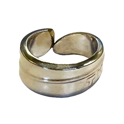 TWA reclaimed vintage silver plate spoon ring front view on neutral background