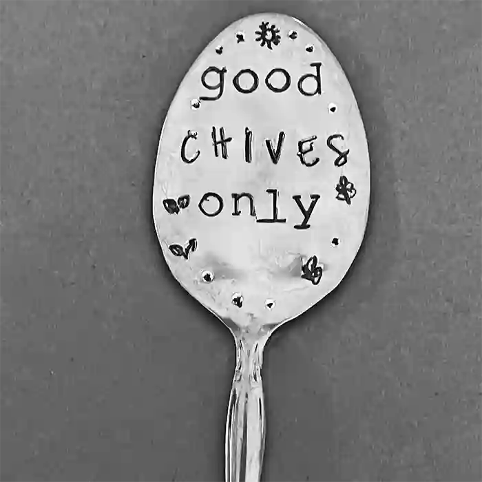 Good Chives Only vintage silver-plate spoon herb marker on dark background