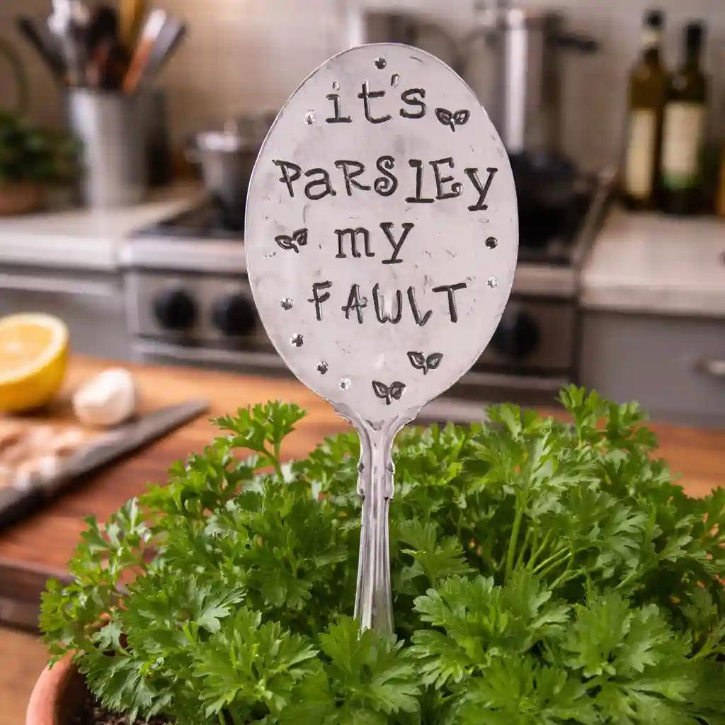 Spoon herb marker with 'It's Parsley My Fault' text stuck in a potted parsley plant.