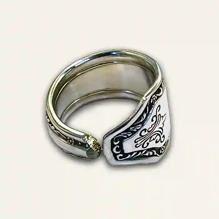 Women’s boho spoon ring crafted from antique silverplate