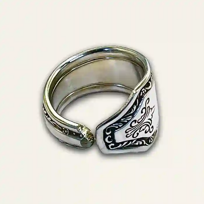 Women’s boho spoon ring crafted from antique silverplate