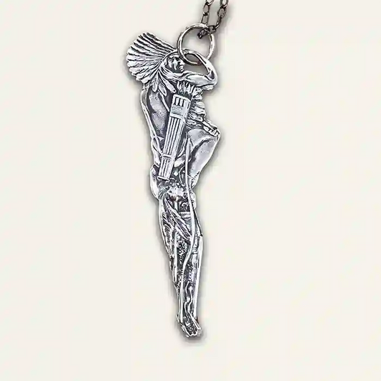 Silver-plate pendant of a stylized Native American figure made from a vintage souvenir spoon handle
