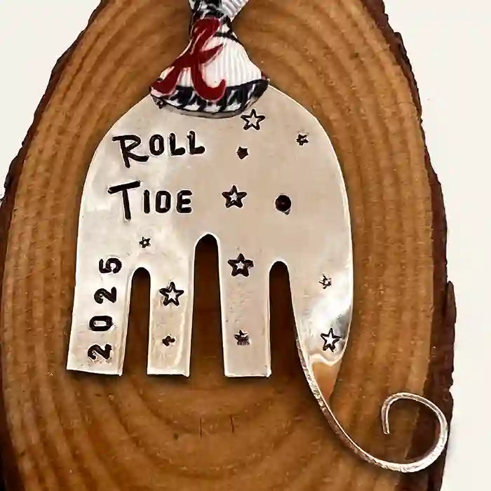 Roll Tide 2025 Elephant Silver-plate fork ornament on wood background