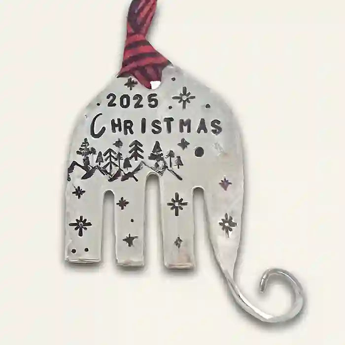 2025 Christmas ornament made from large silver-plate serving fork
