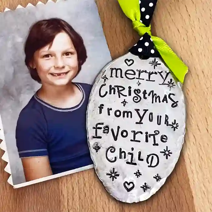 Merry Christmas From Your Favorite Child vintage silver-plate spoon ornament with childhood photo of artist