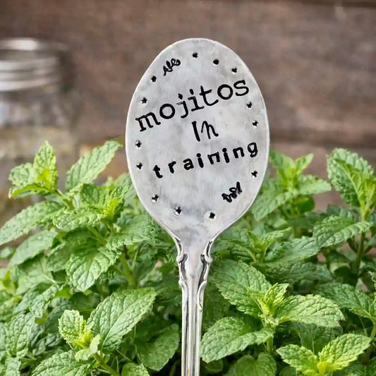 Silver spoon with 'mojitos in training' text on a background of green plants