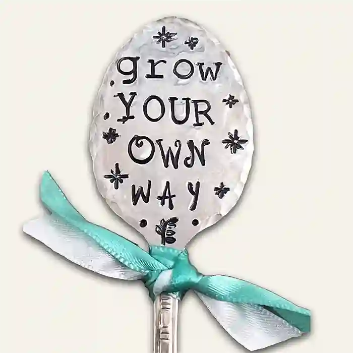 Grow Your Own Way flattened silver-plate spoon garden marker