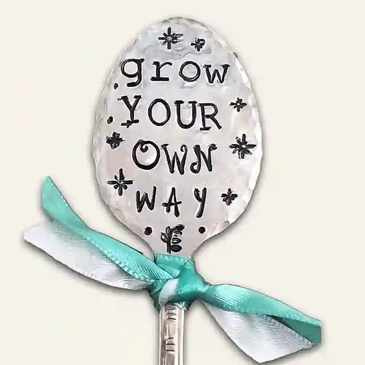 Grow Your Own Way flattened silver-plate spoon garden marker