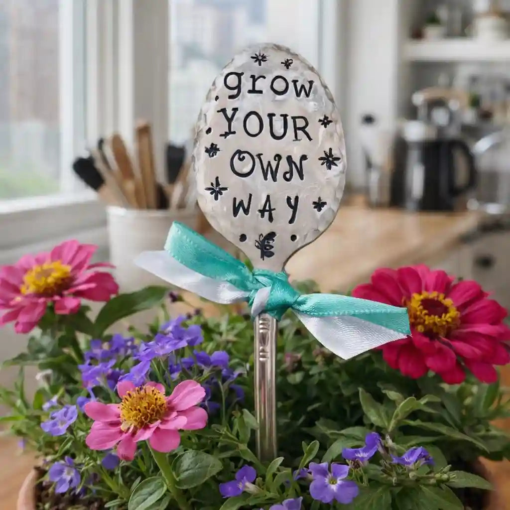 Decorative spoon with 'grow your own way' text in a kitchen setting with flowers.