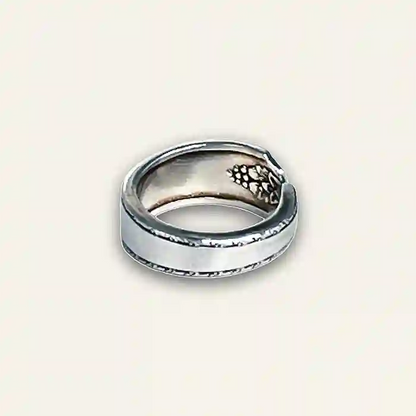 Upcycled flatware ring with classic silverware pattern