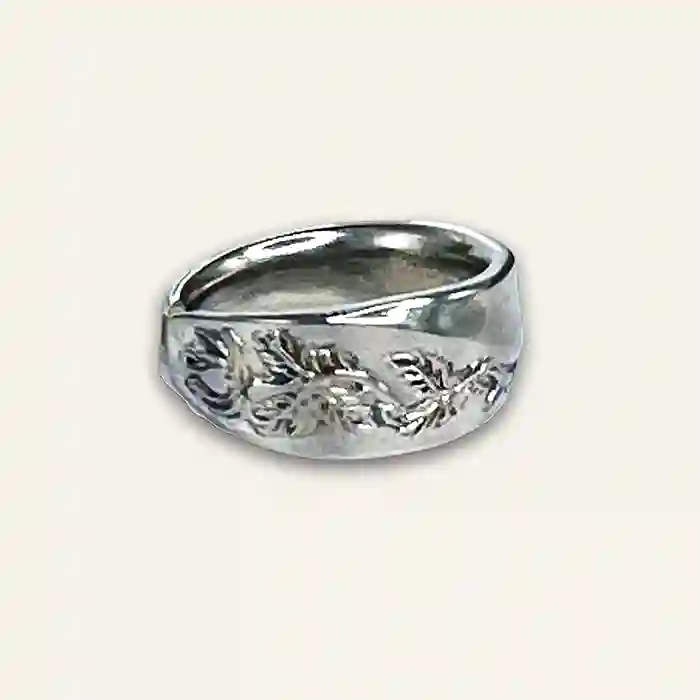 Hand-shaped closed-band spoon ring made from flatware